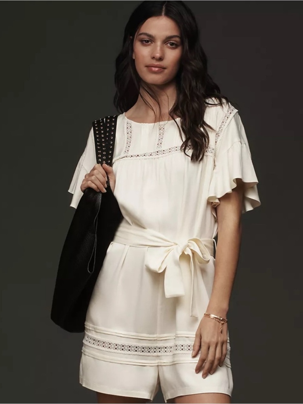 Anthropologie/Mare Mare Cream Tie-Waist Lace-Trim Romper